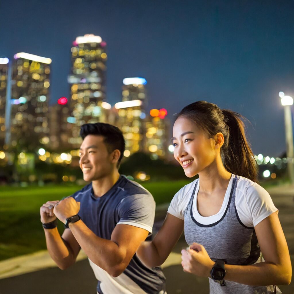 people working out at night outside